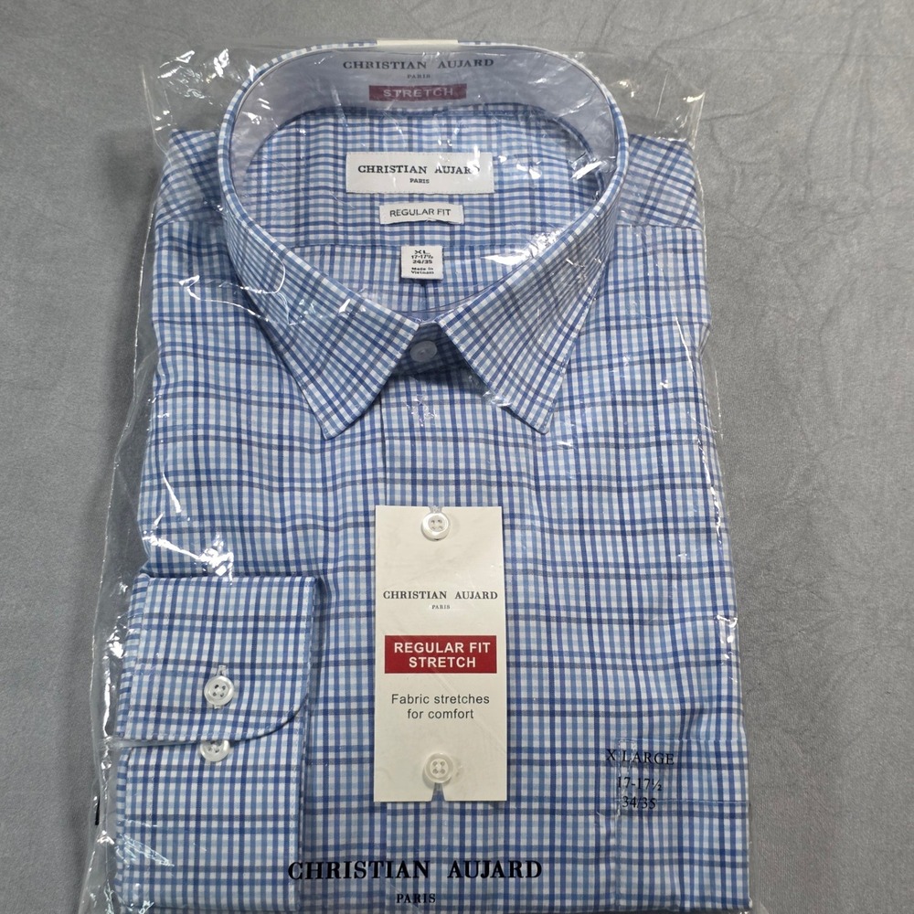 Christian Aujard Paris Mens XL Blue Gingham Regular Fit Stretch‎ Dress Shirt NEW